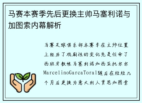 马赛本赛季先后更换主帅马塞利诺与加图索内幕解析